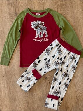 Lazy One Moosletoe Christmas Pajama Set Kids Size 12 100% Cotton Moose Holiday